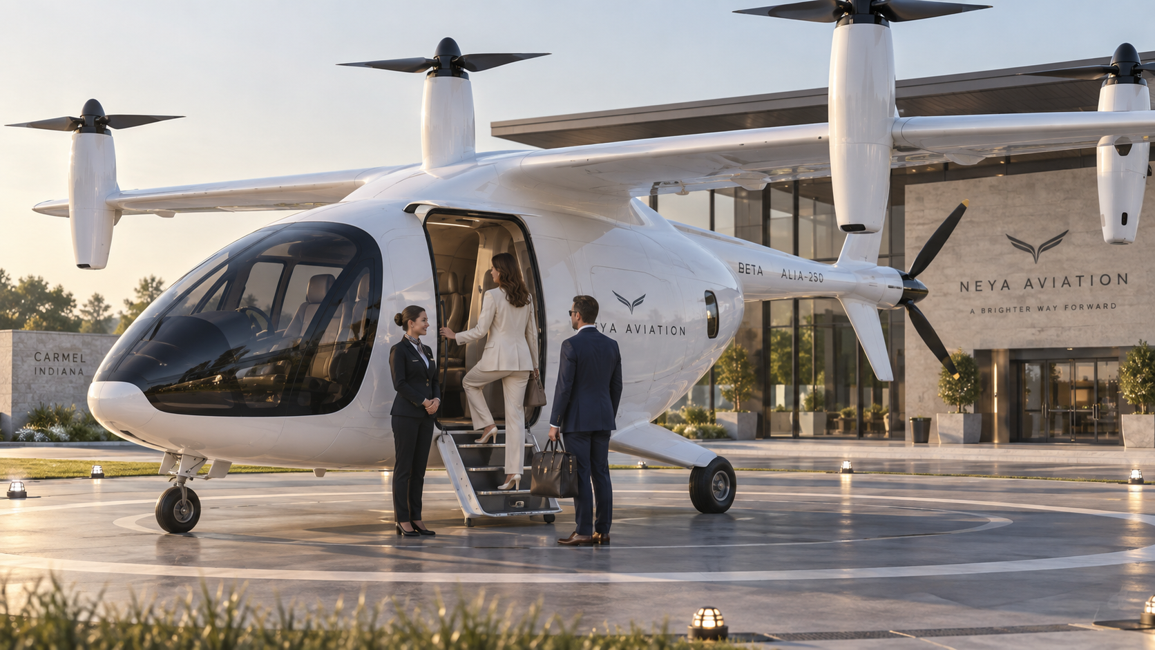 AI concept rendering of passengers and an attendant at an electric aircraft boarding entrance
