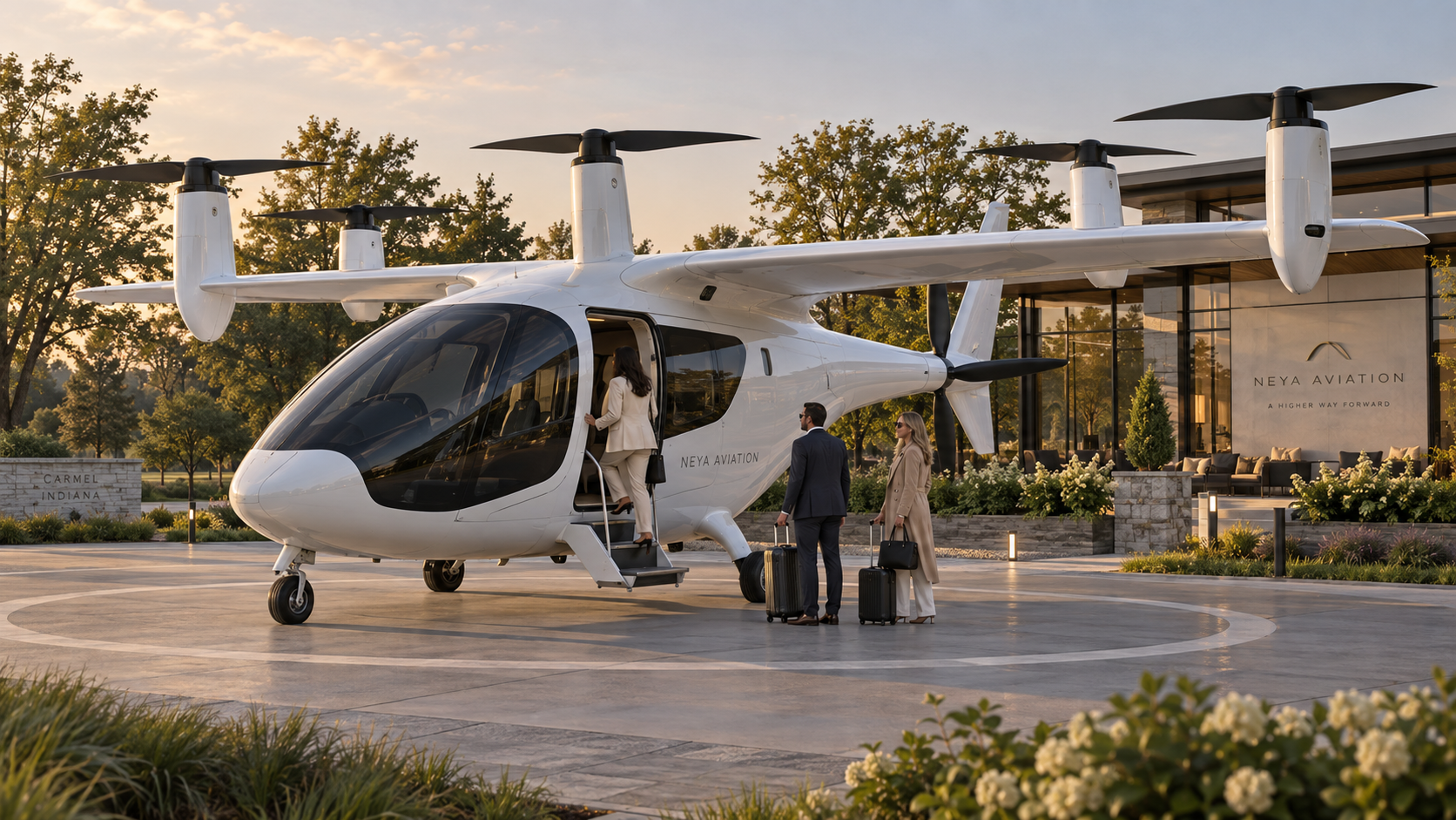 AI concept rendering of elegantly dressed passengers boarding an electric aircraft at a private helipad